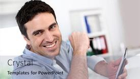  Presentation with smartphone - Cool new slides with smiling-guy-connected-on-smartphone backdrop and a light blue colored foreground