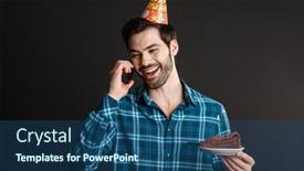  Presentation with birthday cake - Beautiful slide deck featuring smiling-guy-talking-on-cellphone backdrop and a ocean colored foreground