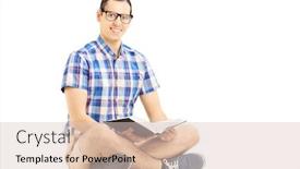  Presentation with book glasses - Cool new slide set with smiling guy with glasses sitting on a floor and reading a book isolated on white background backdrop and a lemonade colored foreground