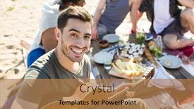  Presentation with guitar - Slide deck with smiling guy with guitar playing it with his friends on background background and a coral colored foreground