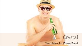  Presentation with cold beer - Cool new presentation theme with smiling guy with hat lying on a beach towel and drinking cold beer isolated on white background backdrop and a coral colored foreground