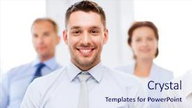  Presentation with demographic millennials business concept - Beautiful PPT layouts featuring smiling handsome businessman with team backdrop and a sky blue colored foreground