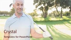  Presentation with golf course - Presentation featuring smiling handsome golfer looking away on a sunny day at the golf course background and a lemonade colored foreground