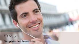  Presentation with phone - Beautiful PPT layouts featuring smiling-handsome-guy-talking backdrop and a coral colored foreground