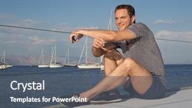  Presentation with sailing - Audience pleasing slide set consisting of smiling handsome man sitting on a sailing boat - sailing trip backdrop and a dark gray colored foreground