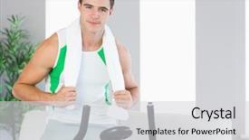  Presentation with exercise bike - Cool new presentation design with smiling handsome man training on exercise bike in bright living room backdrop and a light gray colored foreground