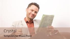  Presentation with cup coffee - Amazing presentation theme having smiling-handsome-man-with-newspaper backdrop and a coral colored foreground