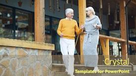  Presentation with veranda - Audience pleasing slide deck consisting of smiling handsome senior gentleman in yellow sweater supporting lady and holding her hand while they moving down stairs and chatting at veranda backdrop and a violet colored foreground