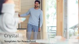  Presentation with gold man smile - Cool new presentation theme with smiling handsome young bearded man in pajamas moving down house stairs and smiling at wife in kitchen he ready for breakfast in morning backdrop and a mint green colored foreground