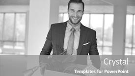  Presentation with new office - Amazing presentation having smiling handsome young businessman standing with cardboard box in new office backdrop and a gray colored foreground