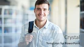  Presentation with denim - PPT theme with smiling handsome young guy in denim shirt holding handle of satchel and looking at camera while standing in university corridor background and a light blue colored foreground