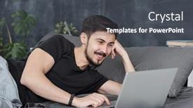  Presentation with online app - Audience pleasing PPT layouts consisting of smiling-handsome-young-man-lying backdrop and a dark gray colored foreground