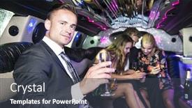  Presentation with stretch - Slide set consisting of smiling handsome young man in the back of a stretch limousine toasting a glass of champagne towards the camera with three people in the background background and a dark gray colored foreground