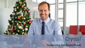  Presentation with conference table - Slides featuring smiling-happy-businessman-using-digital background and a light blue colored foreground