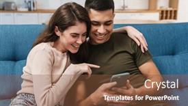  Presentation with mobile home - Beautiful PPT theme featuring smiling-happy-couple-using-mobile backdrop and a tawny brown colored foreground