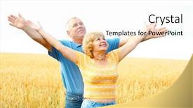  Presentation with seniors - Presentation theme having smiling happy elderly seniors couple outdoor background and a sky blue colored foreground