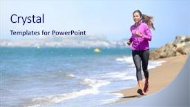  Presentation with running race - Presentation design featuring smiling happy female athlete runner background and a sky blue colored foreground