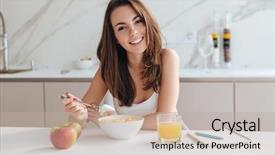  Presentation with corn flakes - Theme having smiling healthy woman eating corn background and a mint green colored foreground