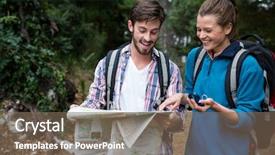 Presentation with compass map - Presentation theme having smiling hiker couple looking at map and compass in forest background and a violet colored foreground