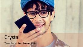  Presentation with recorder - Presentation design having smiling hipster man using voice background and a coral colored foreground