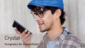  Presentation with recorder - PPT theme with smiling hipster man using voice background and a mint green colored foreground