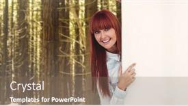  Presentation with woods - Slide set featuring smiling hipster woman behind a white card against trees in a woods background and a violet colored foreground