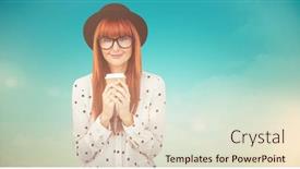  Presentation with green coffee - Cool new PPT theme with smiling hipster woman drinking coffee against blue green background backdrop and a lemonade colored foreground