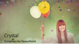  Presentation with disco - Presentation having smiling hipster woman holding balloons against smoke at illuminated disco background and a mint green colored foreground