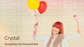  Presentation with balloons - PPT theme enhanced with smiling hipster woman holding balloons against textured background background and a lemonade colored foreground