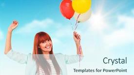  Presentation with blue balloons - Colorful presentation theme enhanced with smiling hipster woman holding balloons against blue sky backdrop and a sky blue colored foreground