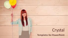  Presentation with balloons - Amazing slide deck having smiling hipster woman holding balloons against overhead of wooden planks backdrop and a lemonade colored foreground