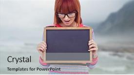  Presentation with misty - Slide set with smiling hipster woman holding blackboard against ocean against the misty mountains background and a light gray colored foreground