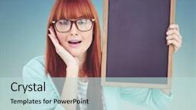  Presentation with dark blue green - Beautiful PPT layouts featuring smiling hipster woman holding blackboard against dark blue green background backdrop and a soft green colored foreground