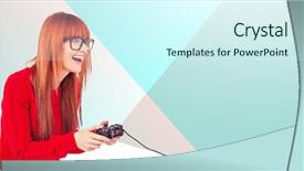  Presentation with hipster girl playing tetris game - Colorful slide set enhanced with smiling hipster woman playing video backdrop and a cool aqua colored foreground