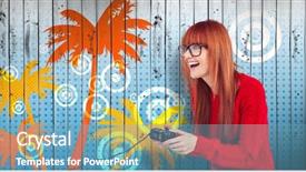  Presentation with video games playing - Presentation theme enhanced with smiling hipster woman playing video background and a teal colored foreground
