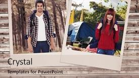  Presentation with bag - Slide deck featuring smiling hipster woman with a travel bag taking selfie against wooden planks background background and a mint green colored foreground