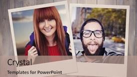  Presentation with bag - Cool new slide set with smiling hipster woman with a travel bag taking selfie against wooden planks backdrop and a coral colored foreground