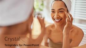  Presentation with eye care - PPT layouts with smiling-hispanic-woman-applying-under background and a coral colored foreground