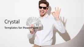  Presentation with award winner announcement - Cool new slide deck with smiling holding fan of money backdrop and a light gray colored foreground