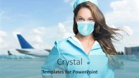  Presentation with covid - Amazing PPT layouts having smiling-hostess-with-airplane backdrop and a light blue colored foreground