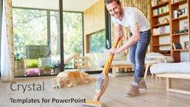  Presentation with living room - Audience pleasing slide set consisting of reverse - smiling houseman at the parquet backdrop and a coral colored foreground