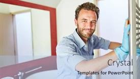  Presentation with bathroom - Cool new theme with smiling-houseman-while-dusting backdrop and a light blue colored foreground