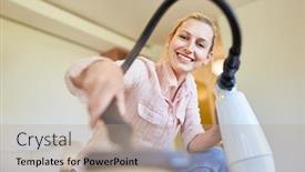  Presentation with cleaning - Audience pleasing slides consisting of smiling-housewife-as-a-cleaning backdrop and a coral colored foreground