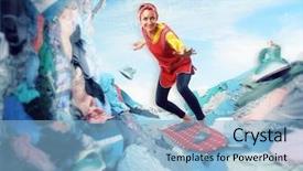  Presentation with college education happy smiling - Presentation design featuring smiling housewife surfing on iron background and a light blue colored foreground