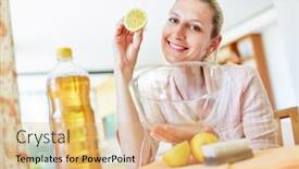  Presentation with lemon - Amazing slide deck having smiling-housewife-with-a-lemon backdrop and a coral colored foreground