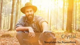  Presentation with hunting - PPT theme featuring smiling-hunter-or-ranger background and a gold colored foreground