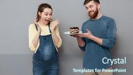  Presentation with giving - PPT layouts with offer - smiling husband giving plate background and a ocean colored foreground