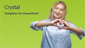  Presentation with young business woman smile show - PPT layouts consisting of smiling in love showing heart background and a yellow colored foreground