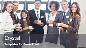  Presentation with five business people standing together and smiling - Audience pleasing slide set consisting of smiling in office during breaktime backdrop and a  colored foreground