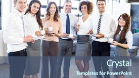  Presentation with five business people standing together and smiling - Amazing presentation theme having smiling in office during breaktime backdrop and a  colored foreground